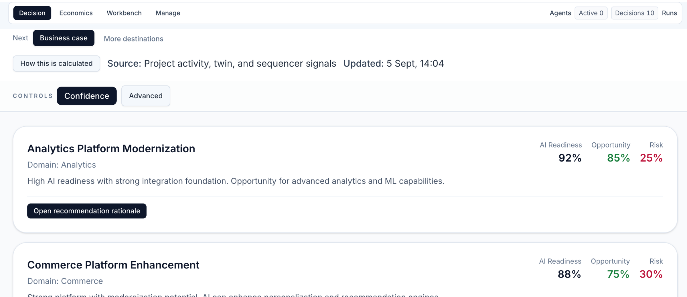 stuart Decision view showing modernization recommendations with AI readiness, opportunity, and risk scores.